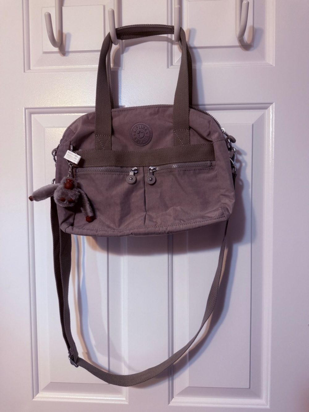 Kipling Dusty Taupe Nylon Crossbody Tote with Monkey Charm